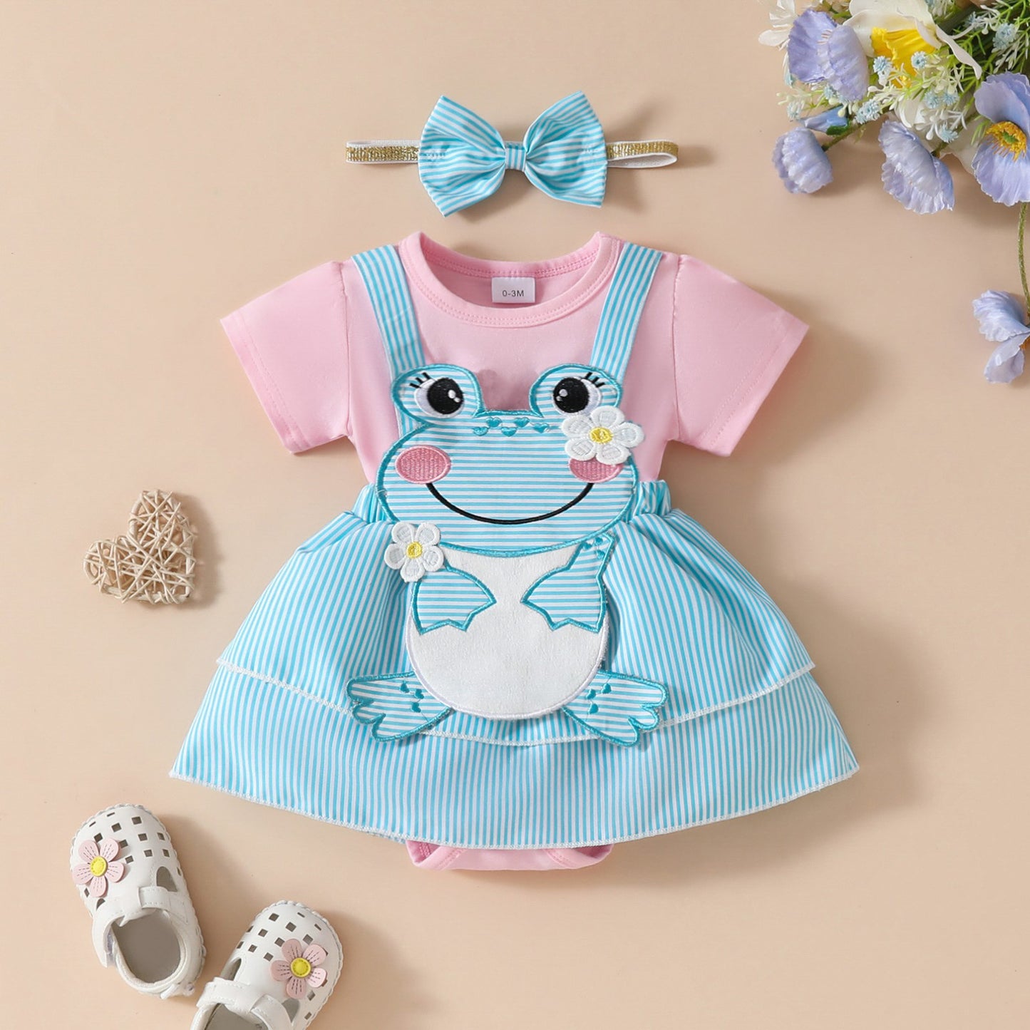 Adorable Baby Bear Embroidered Fake Suspender Skirt & Short Sleeves Romper