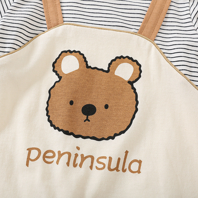 Charming Cartoon Bear Print Suspender Design Baby Short Sleeve Rompers: Cute and Comfy!