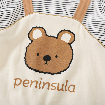 Charming Cartoon Bear Print Suspender Design Baby Short Sleeve Rompers: Cute and Comfy!