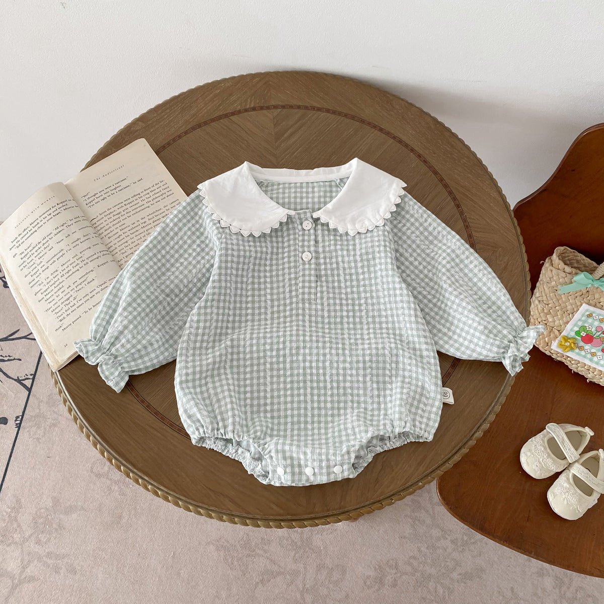 Baby Girl Long Sleeve Doll Collar Plaid Romper