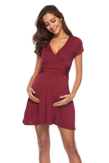 Chic Deep V-Neck Short Sleeve Maternity Dress - Comfortable and Stylish