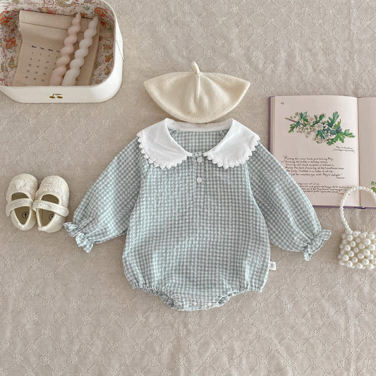 Baby Girl Long Sleeve Doll Collar Plaid Romper