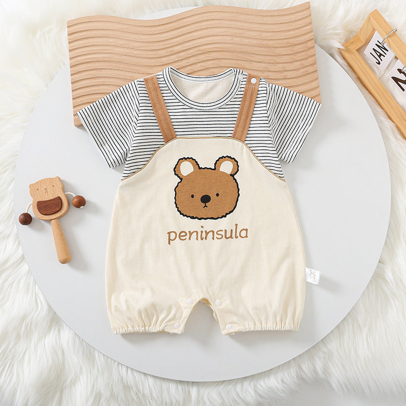 Charming Cartoon Bear Print Suspender Design Baby Short Sleeve Rompers: Cute and Comfy!