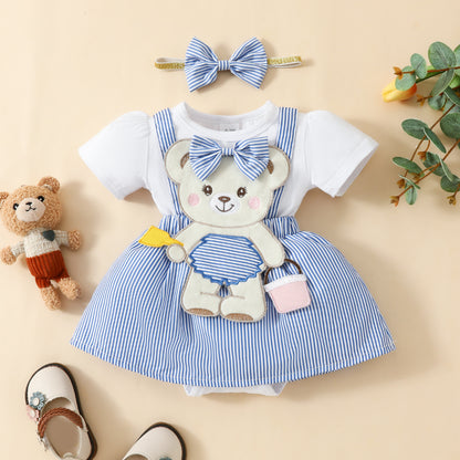 Adorable Baby Bear Embroidered Fake Suspender Skirt & Short Sleeves Romper