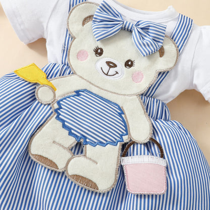 Adorable Baby Bear Embroidered Fake Suspender Skirt & Short Sleeves Romper