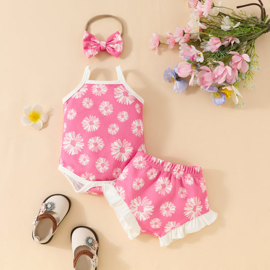 Stylish Floral Printed Waffle Spaghetti Strap Romper & Ruffled Shorts Set