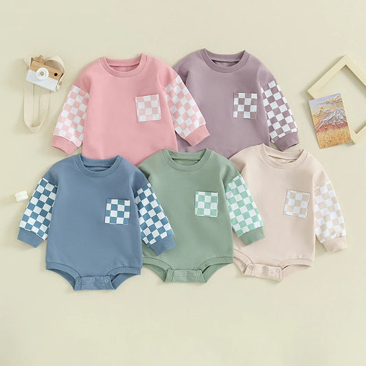 Plaid Pocket Long Sleeve Baby Romper - Stylish & Comfortable for Infants