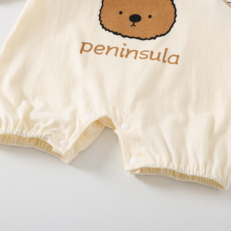 Charming Cartoon Bear Print Suspender Design Baby Short Sleeve Rompers: Cute and Comfy!