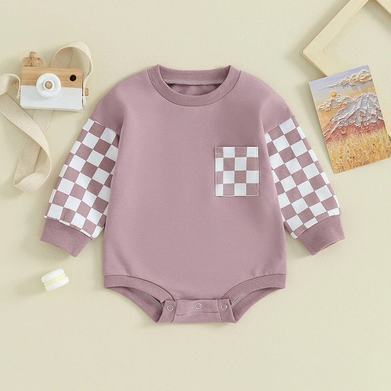 Plaid Pocket Long Sleeve Baby Romper - Stylish & Comfortable for Infants