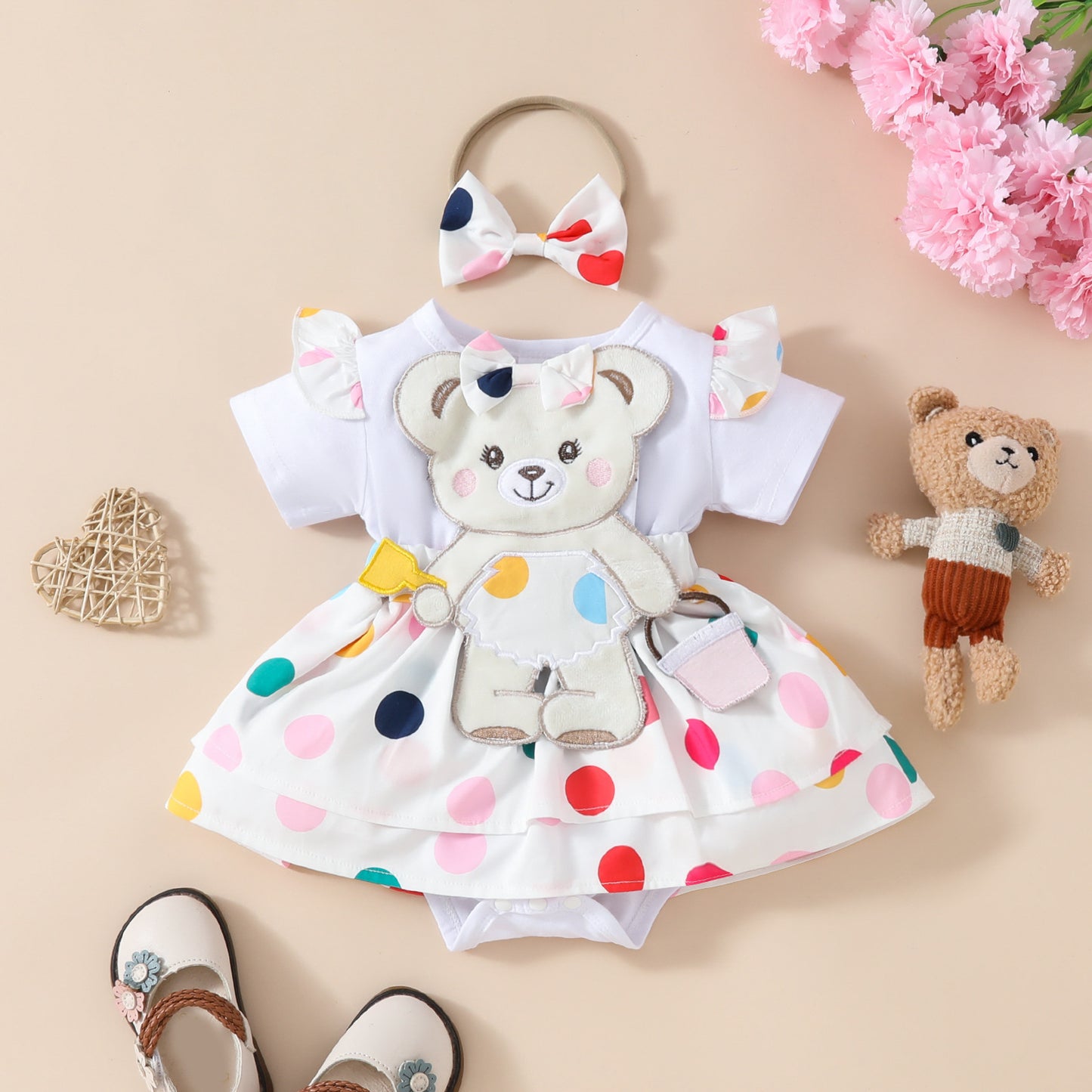 Adorable Baby Bear Embroidered Fake Suspender Skirt & Short Sleeves Romper