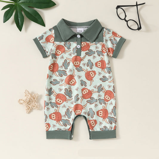 Adorable Cartoon Printed Baby Collared Pullover Short Sleeve Rompers