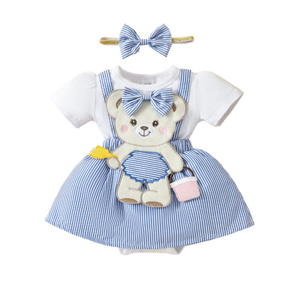 Adorable Baby Bear Embroidered Fake Suspender Skirt & Short Sleeves Romper