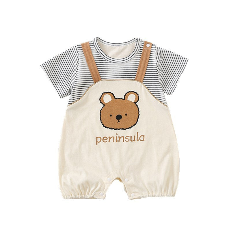 Charming Cartoon Bear Print Suspender Design Baby Short Sleeve Rompers: Cute and Comfy!