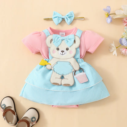 Adorable Baby Bear Embroidered Fake Suspender Skirt & Short Sleeves Romper