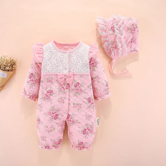 Adorable Baby's New Air Cotton Padded Floral Printed Princess Jumpsuit With Hat