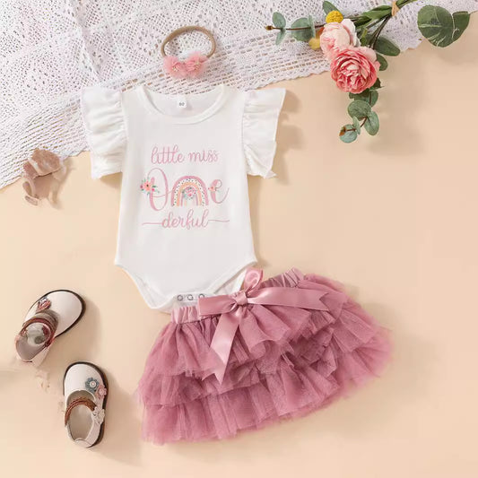 Trendy Girls' Fashion Ruffled Sleeve Letter Printed Romper with Tulle Ruffled Skirt and Headband: Stylish and Adorable!