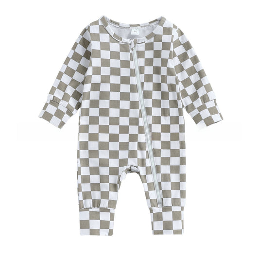 Adorable and Practical: Children's Long Sleeve Checkerboard Design Zipper Jumpsuit!