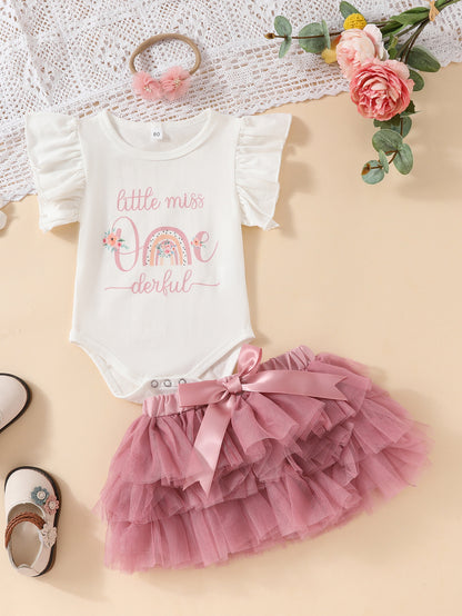 Trendy Girls' Fashion Ruffled Sleeve Letter Printed Romper with Tulle Ruffled Skirt and Headband: Stylish and Adorable!