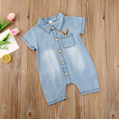 Stylish Boys and Girls Baby Denim Short-Sleeved Collared Romper: Comfort and Charm Combined