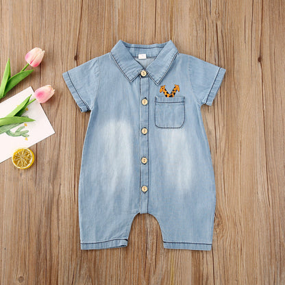 Stylish Boys and Girls Baby Denim Short-Sleeved Collared Romper: Comfort and Charm Combined