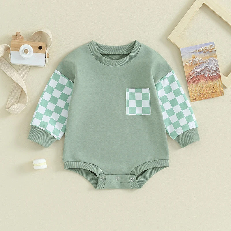 Plaid Pocket Long Sleeve Baby Romper - Stylish & Comfortable for Infants