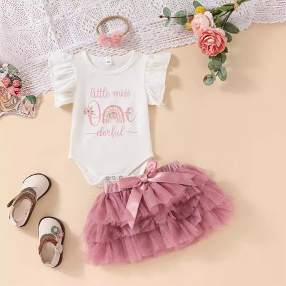 Trendy Girls' Fashion Ruffled Sleeve Letter Printed Romper with Tulle Ruffled Skirt and Headband: Stylish and Adorable!